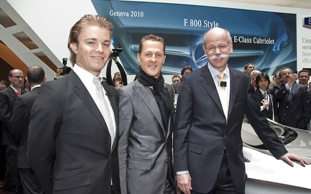 Michael Schumacher, Nico Rosberg und Daimler-/Mercedes-Chef Dieter Zetsche