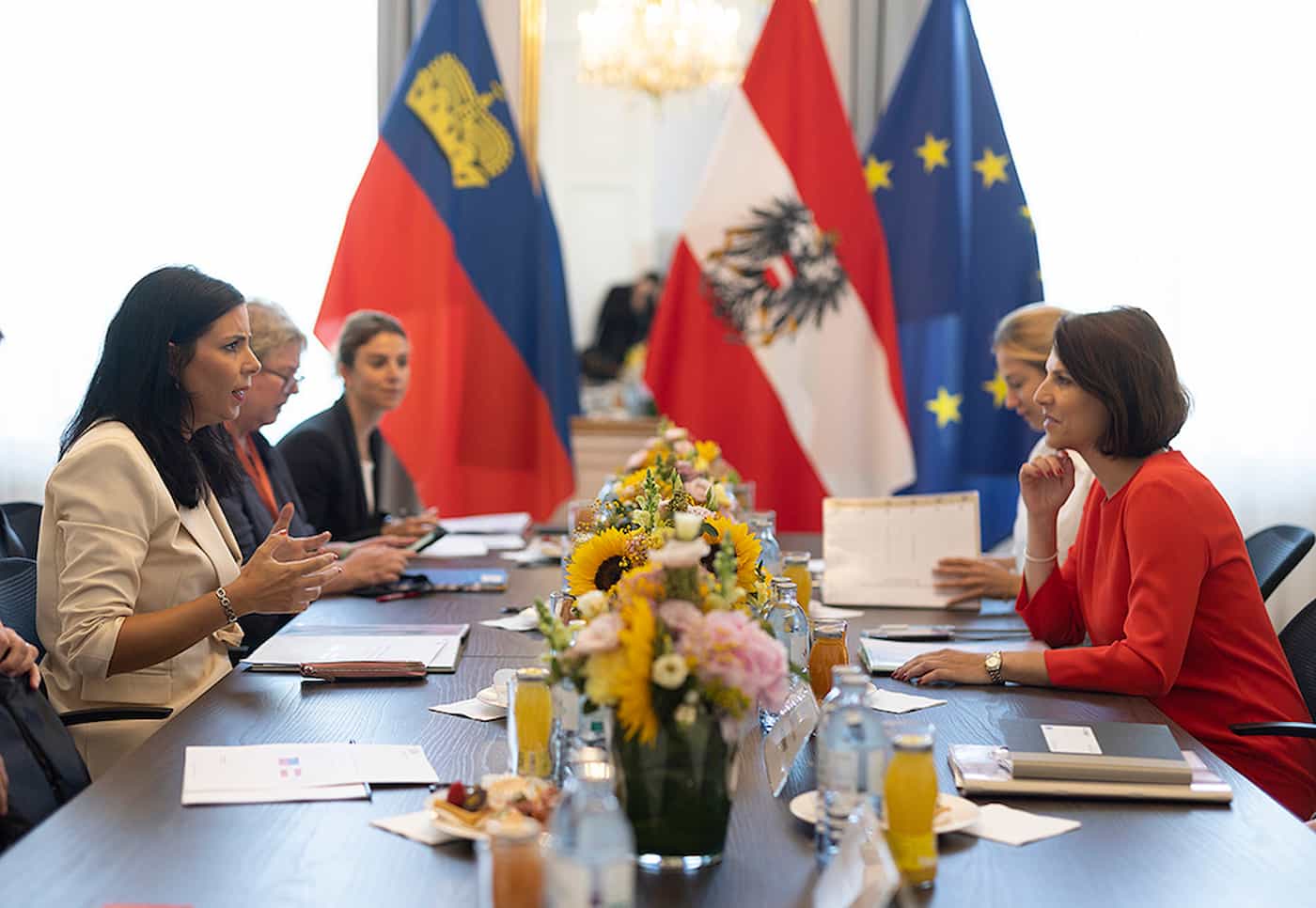 Regierungsrätin Dominique Hasler und Europaministerin Karoline Edtstadler beim bilateralen Treffen