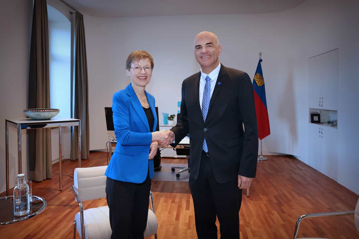 Regierungschefin Brigitte Haas empfängt Alain Berset, Generalsekretär des Europarats, zu einem Höflichkeitsbesuch in Vaduz. (Quelle: IKR/Roland Korner)