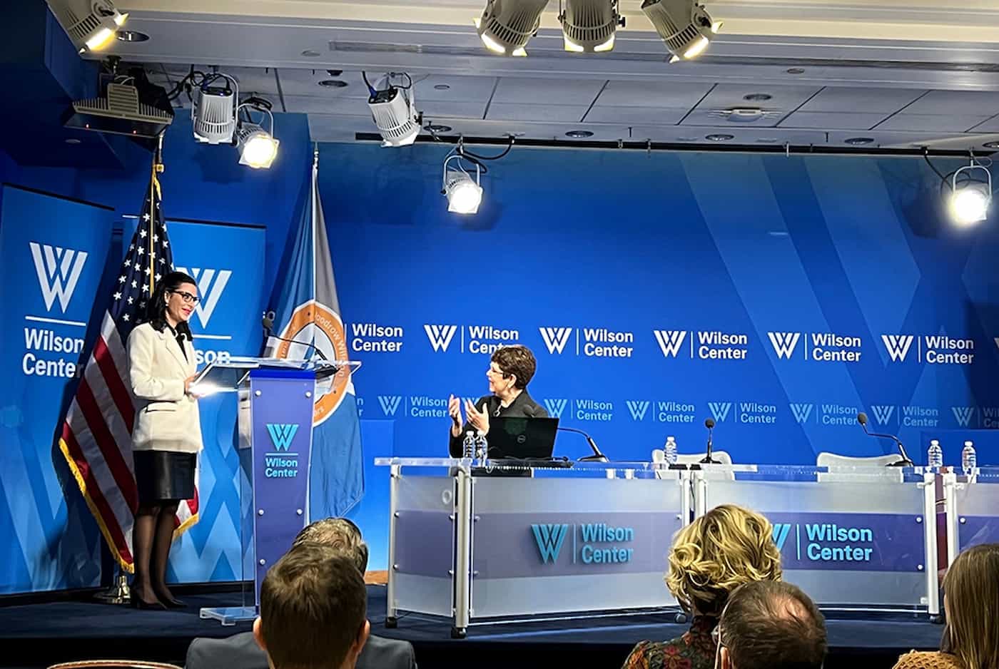 Regierungsrätin Dominique Hasler bei ihren Ausführungen zur liechtensteinischen dualen Berufsbildung im Think Tank Wilson Center.