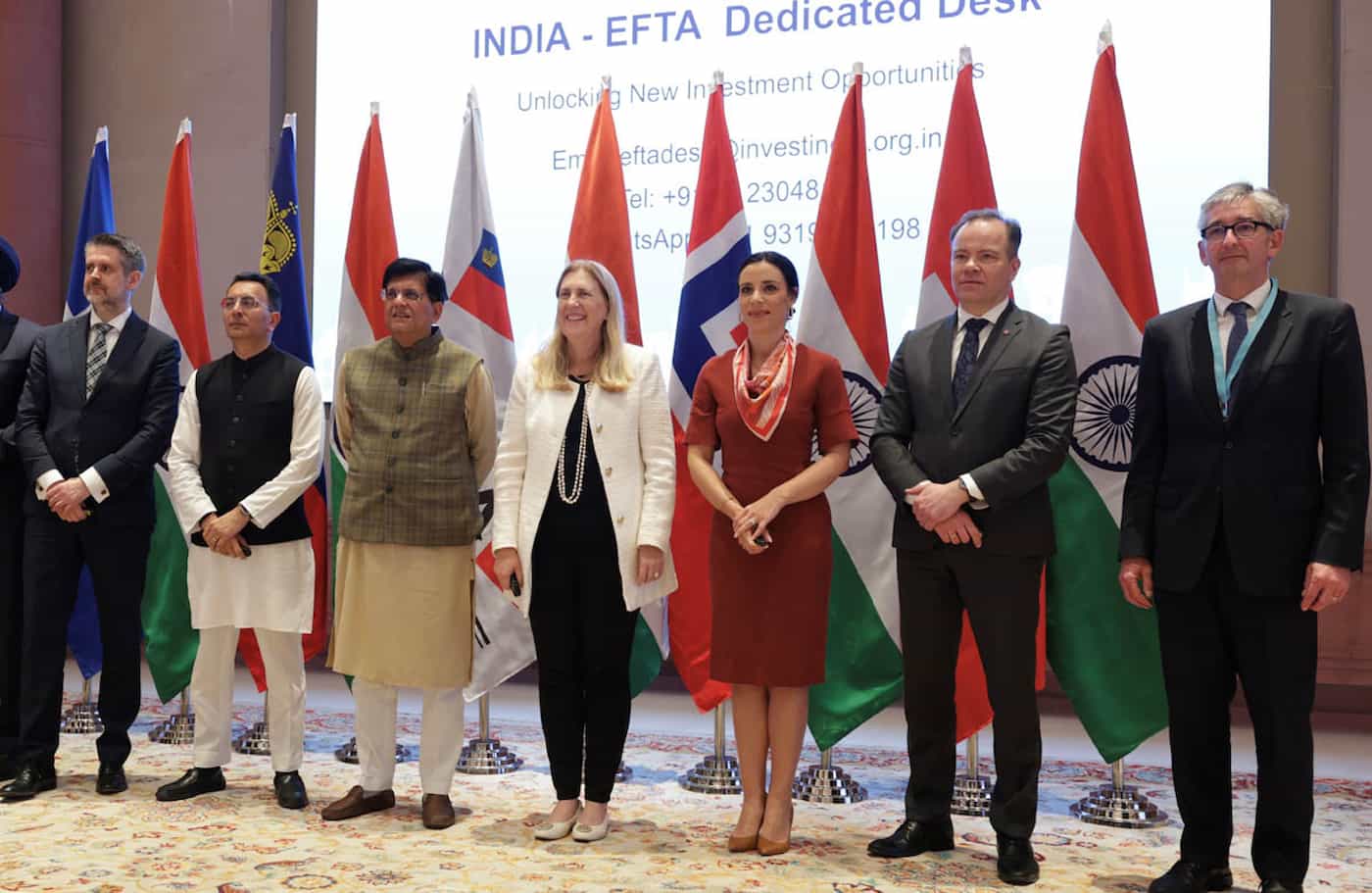 Eröffnung des EFTA-Desk: Martin Eyjolfsson (Staatssekretär/Aussenministerium Island), Jitin Prasada (Staatsminister für Handel und Industrie Indien), Piyush Goyal (Handelsminister Indien), SECO-Staatssekretärin Helen Budliger Artieda, Regierungsrätin Dominique Hasler, Thomas Norvoll (Staatssekretär/Handels- und Industrieministerium Norwegen) und der stellvertretende EFTA-Generalsekretär Markus Schlagenhof. (Quelle: EFTA-Sekretariat)