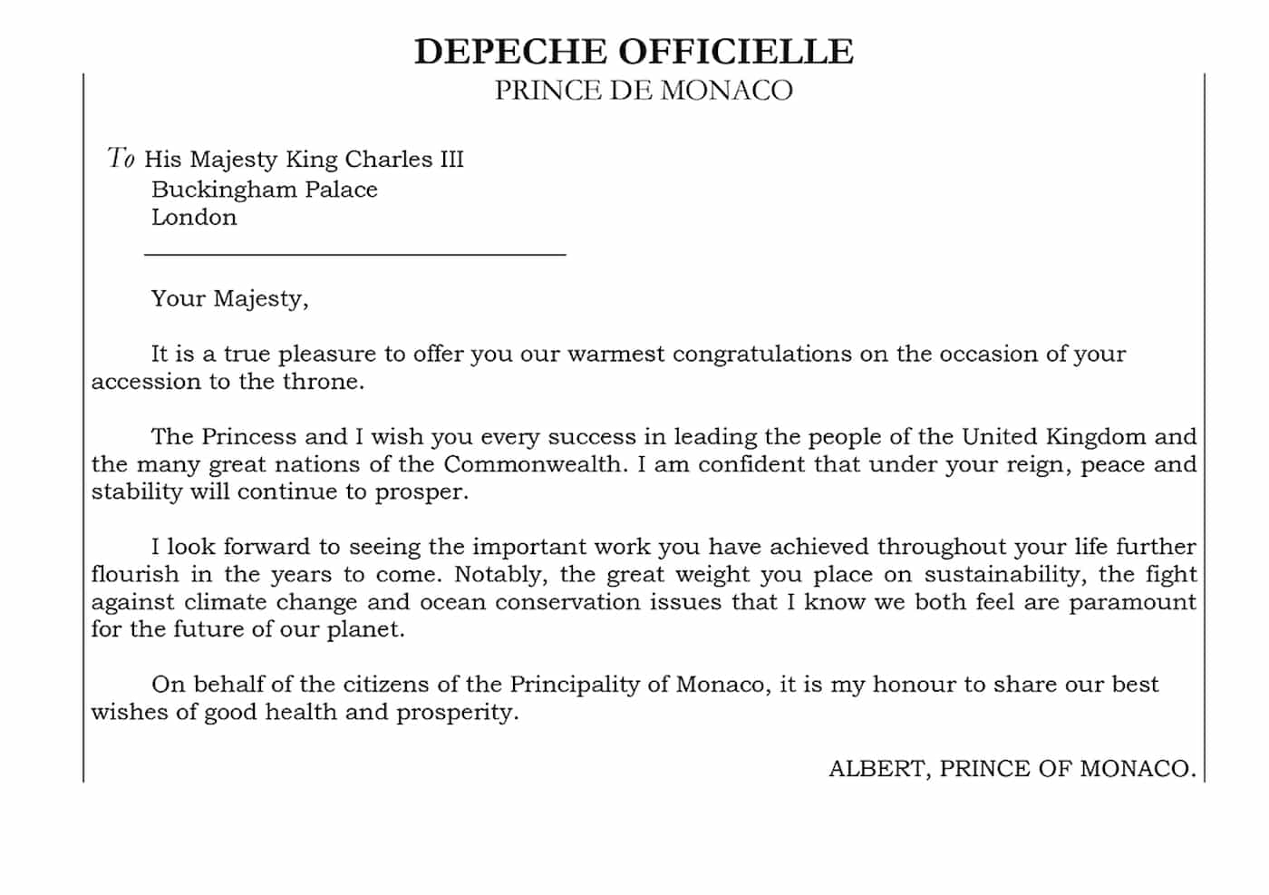 Offizielle Mitteilung von S.D. Fürst Albert II von Monaco