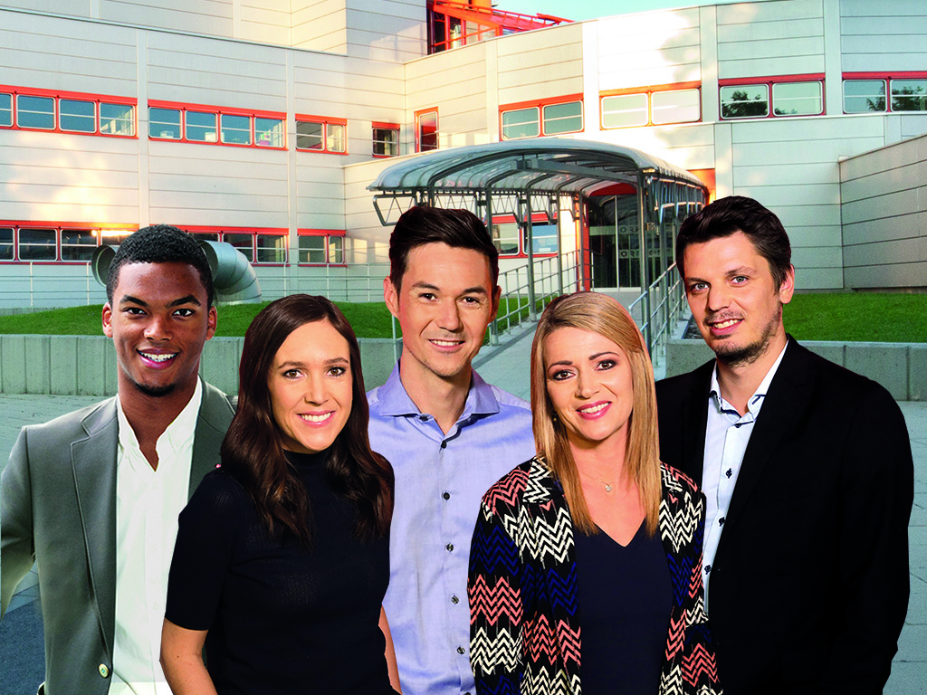 Vorarlberg Wetter-Moderatoren (v.l.): Pierce Lange, Flora Wüstner, Thomas Rinderer, Patricia Lipburger-Rehm und Nikolaus Küng