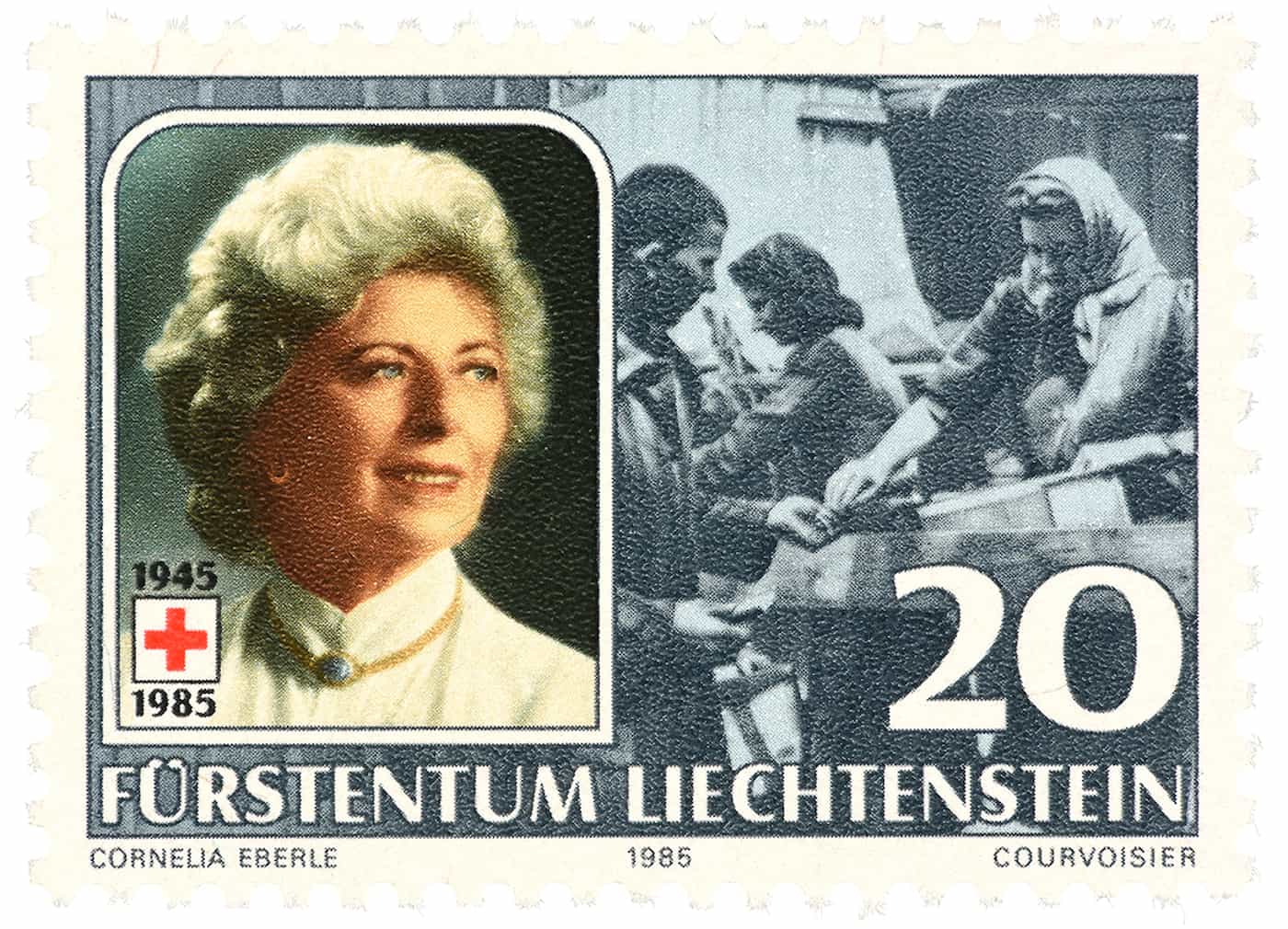 «Flüchtlingshilfe (1945)» 40 Jahre Liechtensteinisches Rotes Kreuz. Cornelia Eberle 1985. Aus der Serie «Fürstin Gina – 40 Jahre Präsidentin des Liechtensteinischen Roten Kreuzes». © Liechtensteinisches LandesMuseum