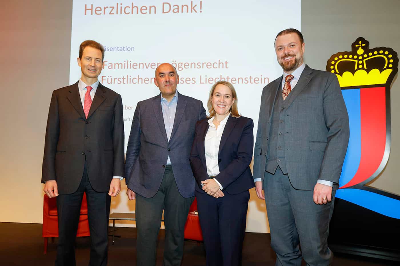 (v.l.) S.D. Erbprinz Alois von und zu Liechtenstein, Prof. Dr. Anatol Dutta, M. Jur. (Oxford), Prof. Dr. iur. Alexandra Butterstein LL.M., Regierungsrat Dr. Emanuel Schädler
