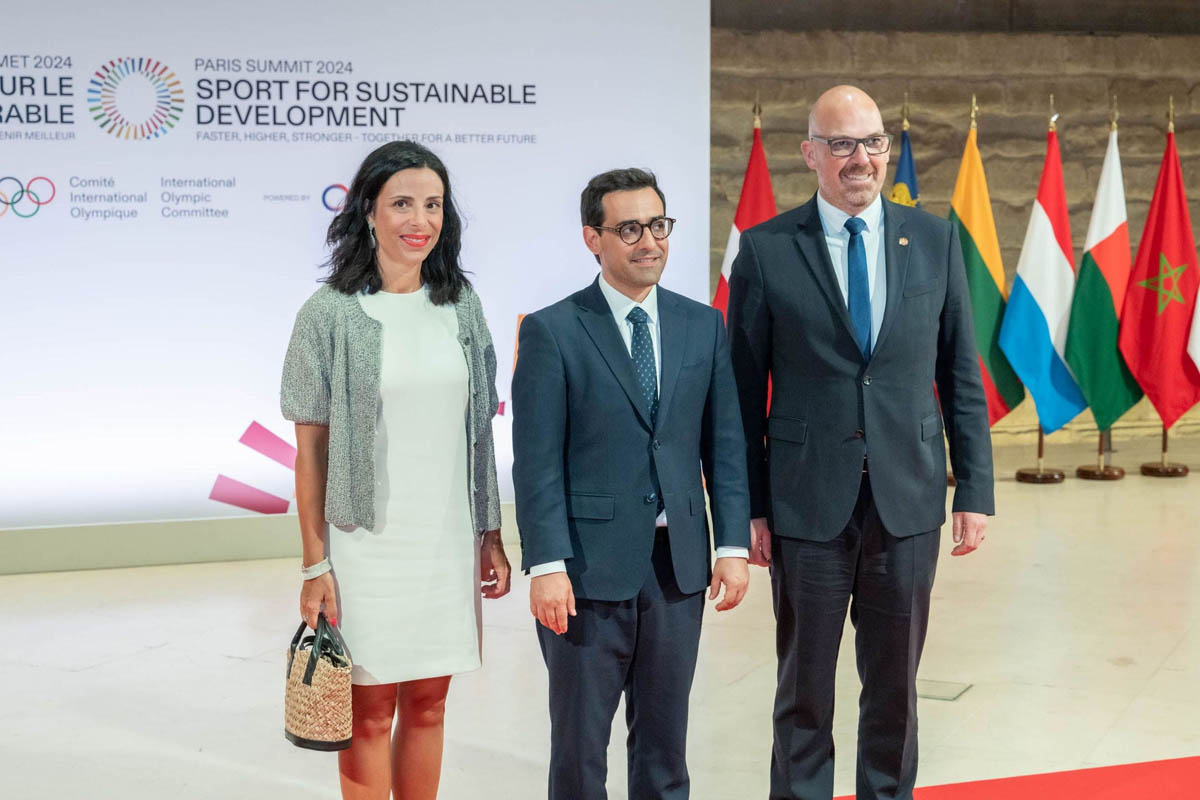 Regierungsrätin Dominique Hasler, der französische Aussenminister Stéphane Séjourné und Regierungschef Daniel Risch beim «Sport-Gipfel». (Quelle: Laurent Blevennec/Présidence de la République)