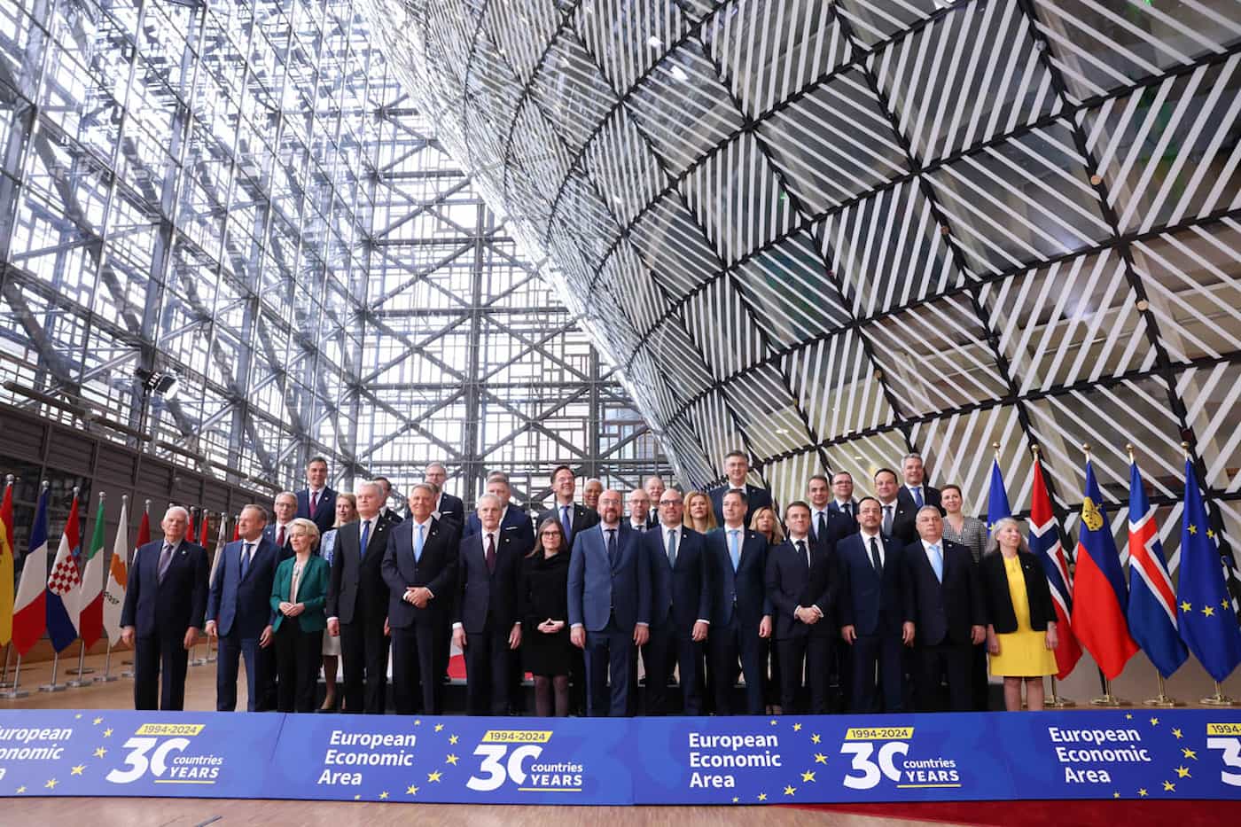 Anlässlich des 30-jährigen EWR-Jubiläums wurden die Premierministerin und die beiden Premierminister der EWR-EFTA-Staaten zu einem Austausch mit ihren Kolleginnen und Kollegen der 27 EU-Mitgliedsstaaten nach Brüssel eingeladen.(Quelle: Gaetan Claessens)