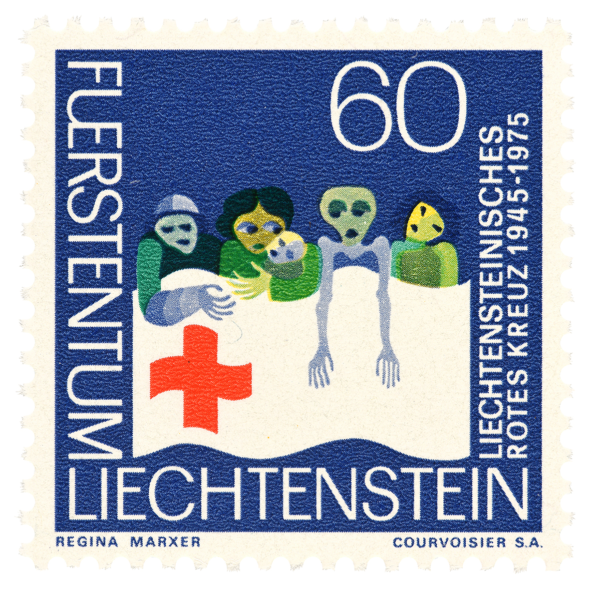 «Hilfsbedürftige, Rot-Kreuz-Fahne». 30 Jahre Liechtensteinisches Rotes Kreuz. Regina Marxer 1975. © Liechtensteinisches LandesMuseum