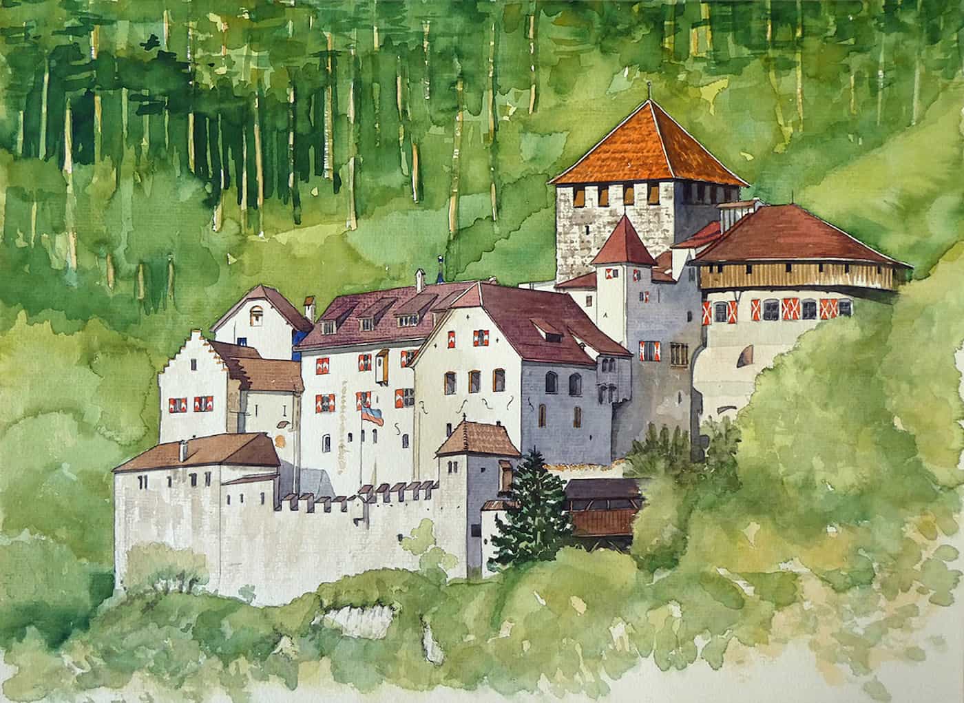 «Sommer» aus der Serie «Das Schloss Vaduz in den vier Jahreszeiten». Ausgeführter Entwurf von Jacques Sonderer, 2009. © Philatelie Liechtenstein