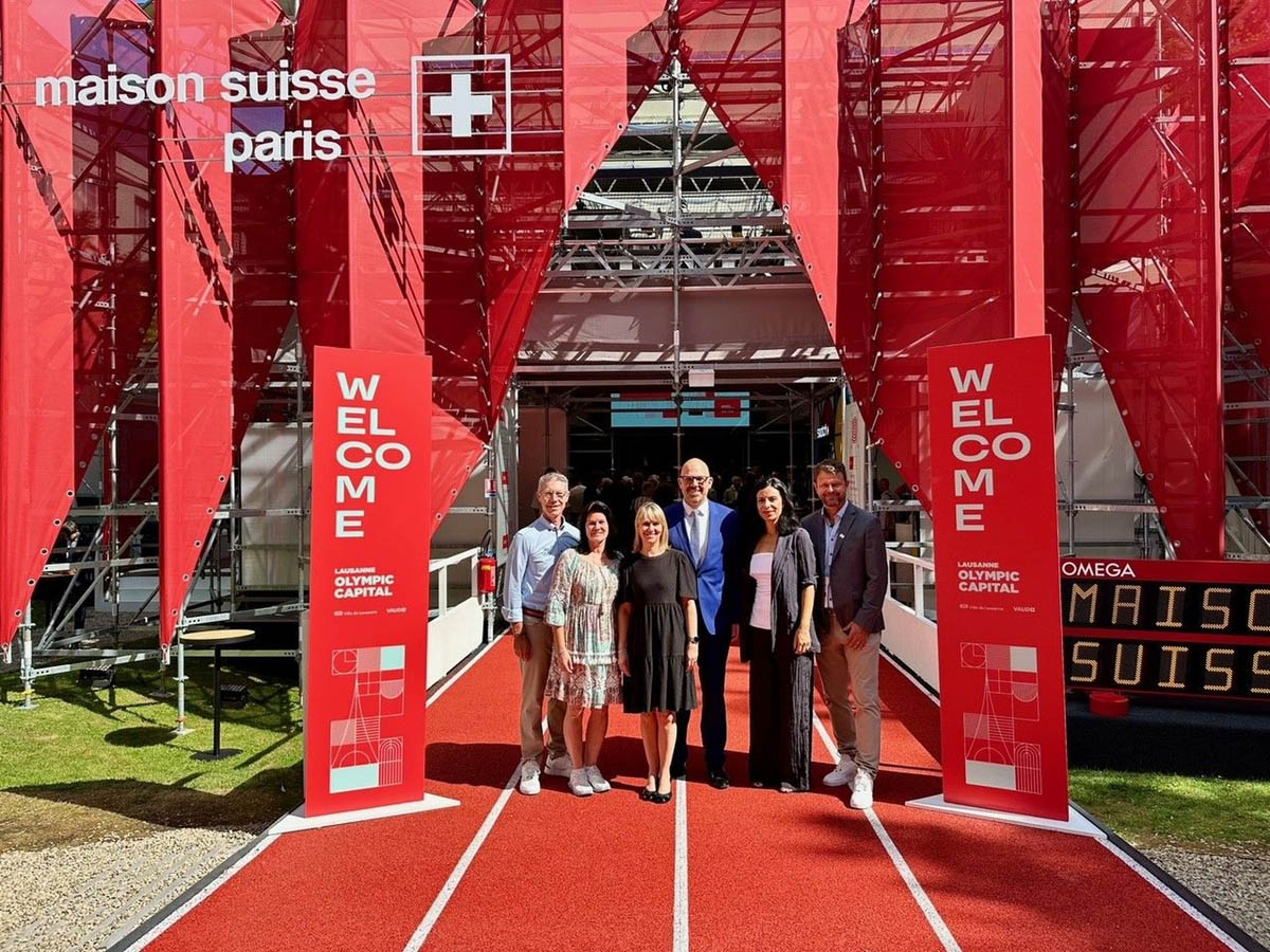 Empfang der Stadt Lausanne im House of Switzerland: Stefan und Karin Marxer, Jasmin Risch und Regierungschef Daniel Risch, Regierungsrätin Dominique Hasler und Daniel Hasler. (Quelle: House of Switzerland)
