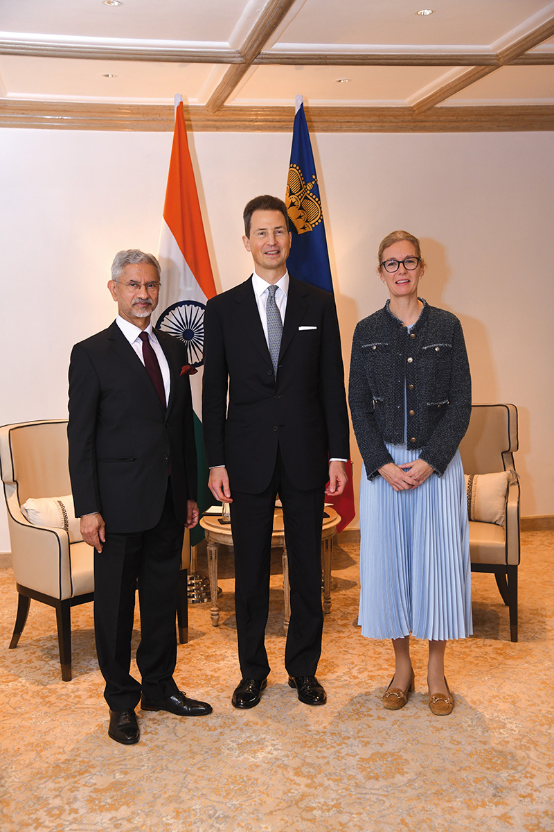 Subrahmanyam Jaishankar, Aussenminister von Indien, S.D. Erbprinz Alois von und zu Liechtenstein sowie Regierungschefin-Stellvertreterin Sabine Monauni. (Quelle: Adarsh Saini)