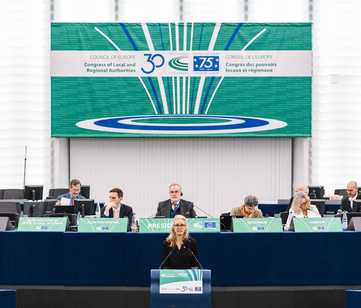 Regierungschef-Stellvertreterin Sabine Monauni bei ihrer Ansprache im Kongress der Gemeinden und Regionen des Europarats. (Quelle: Abdesslam Mirdass)