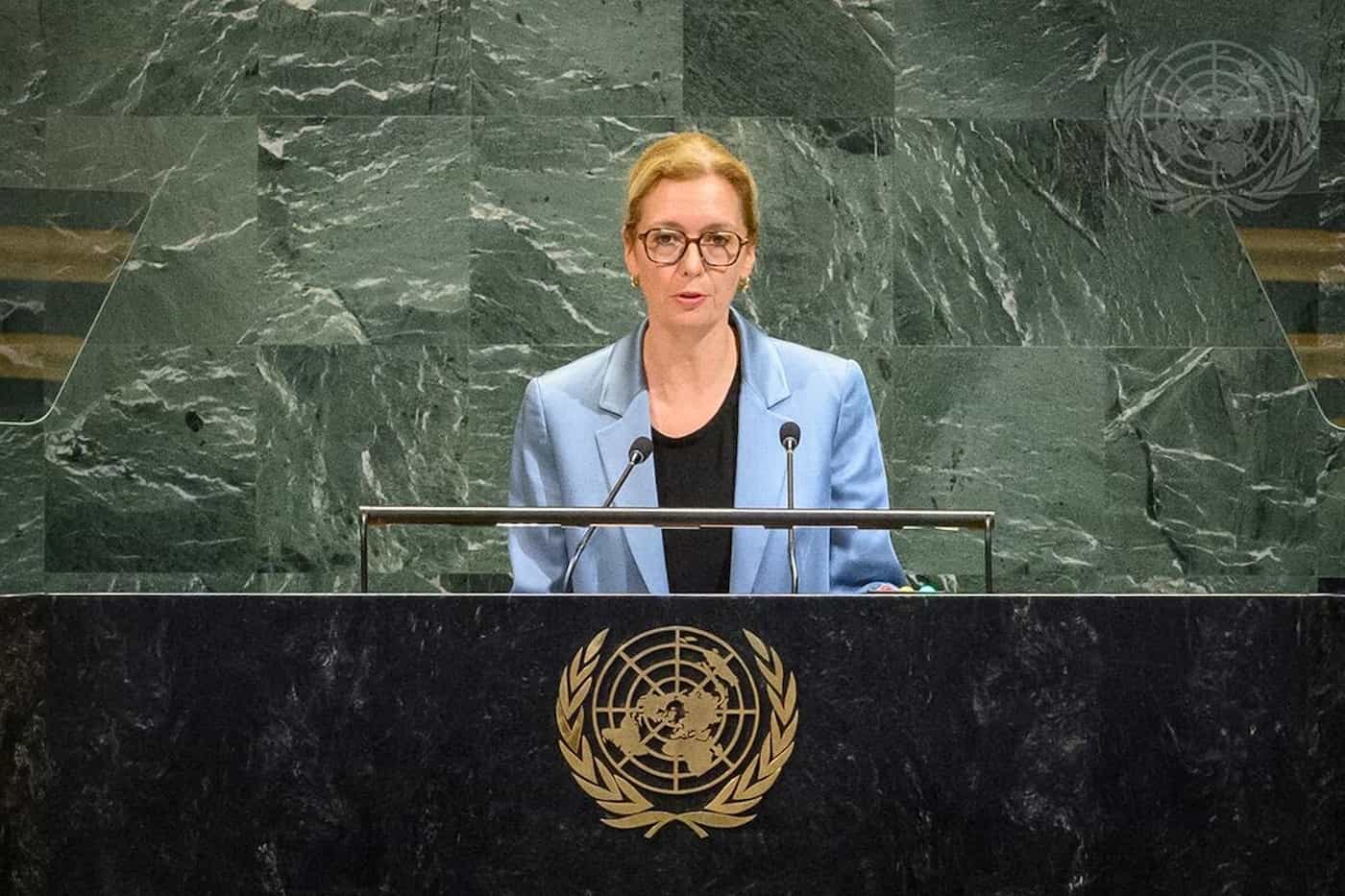 Regierungschefin-Stellvertreterin Sabine Monauni bei ihrer Ansprache vor der UNO-Generalversammlung. (Quelle: UNO)