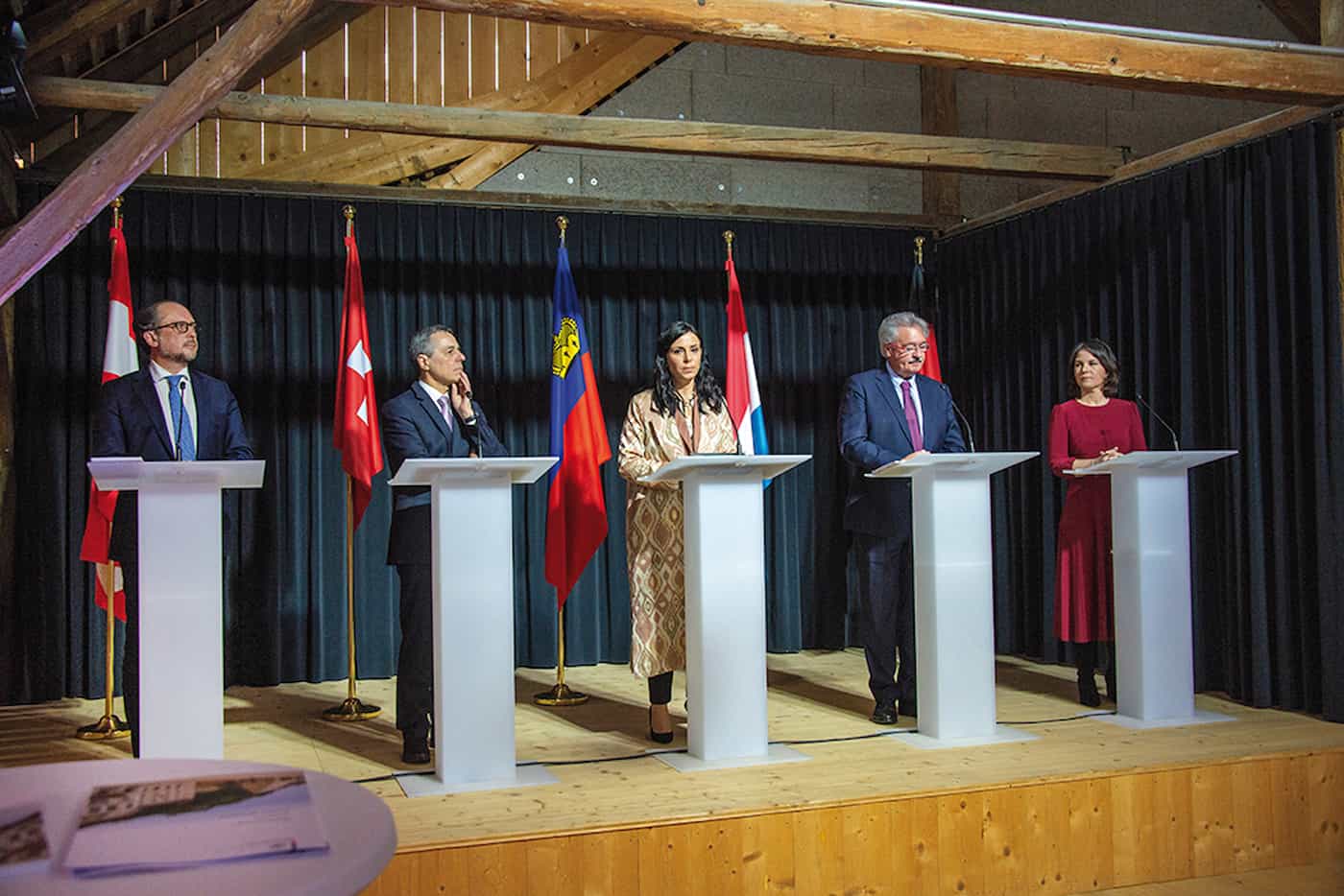 Fotos: © exclusiv (v.l.) Alexander Schallenberg, Ignazio Cassis, Dominique Hasler, Jean Asselborn, Annalena Baerbock