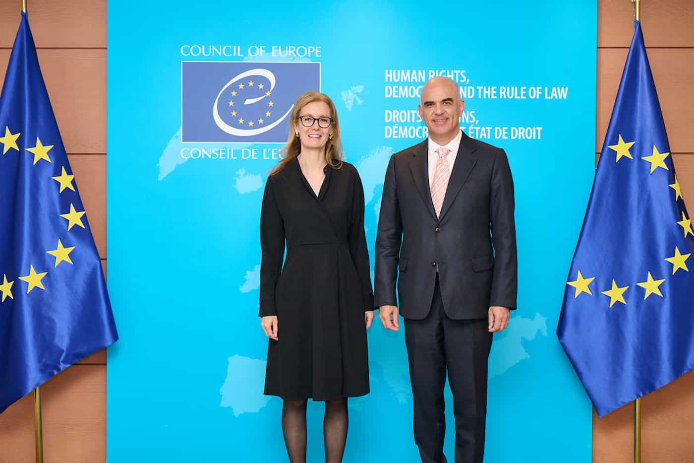 Regierungschefin-Stellvertreterin Sabine Monauni und Generalsekretär Alain Berset. (Quelle: Europarat)