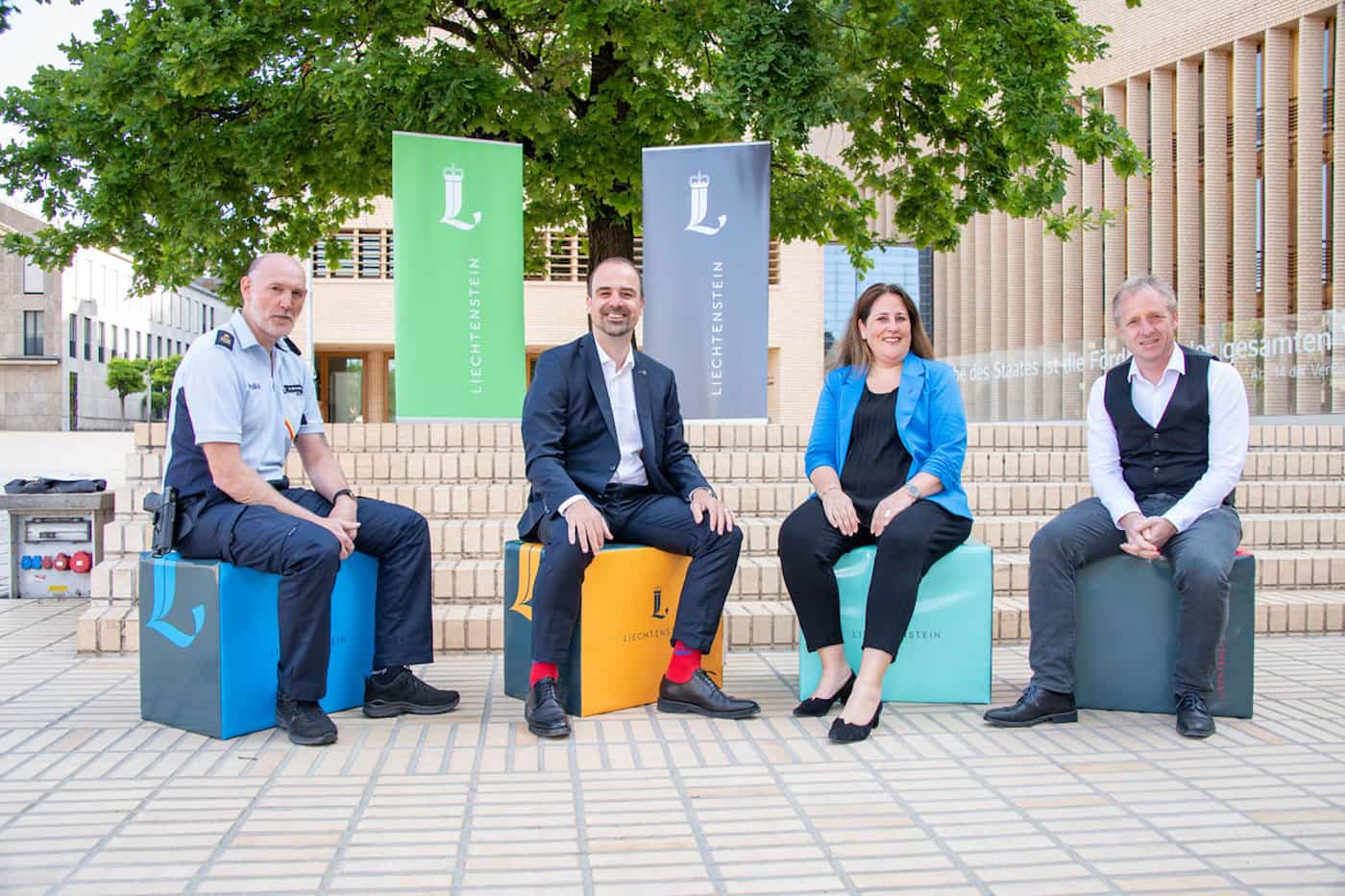 Gino Blumenthal, Einsatzleiter Landespolizei Liechtenstein; Mathias Ulrich, Geschäftsführer Liechtenstein Marketing; Kerstin Künzle, Bereichsleiterin Events Liechtenstein Marketing; Christoph Beck, Vorsteher Triesenberg