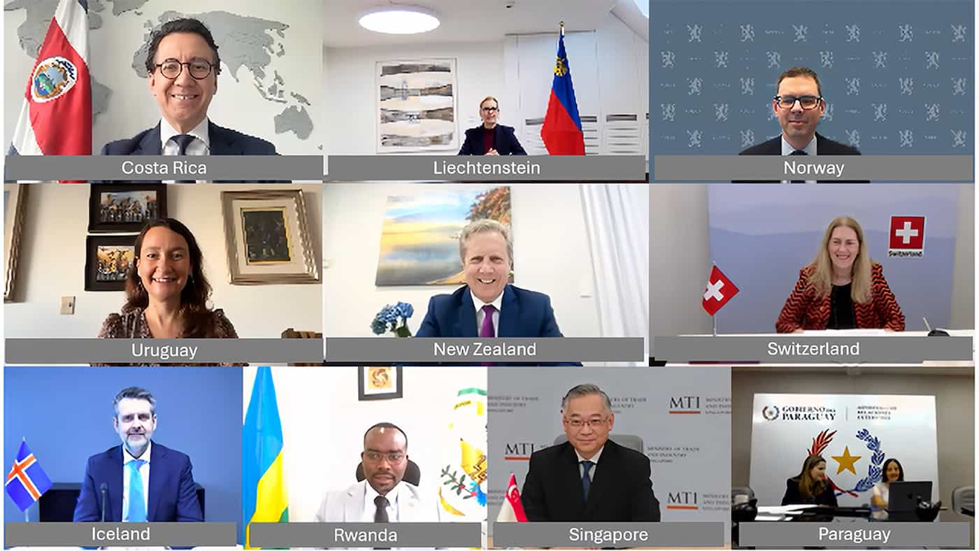 Ministerinnen und Minister sowie Vertreterinnen und Vertreter der Unterzeichnerstaaten der Erklärung zur Stärkung des regelbasierten Handelssystems beim virtuellen Ministertreffen der Partnerschaft «Future of Investment and Trade (FIT)» am 16. März 2026
