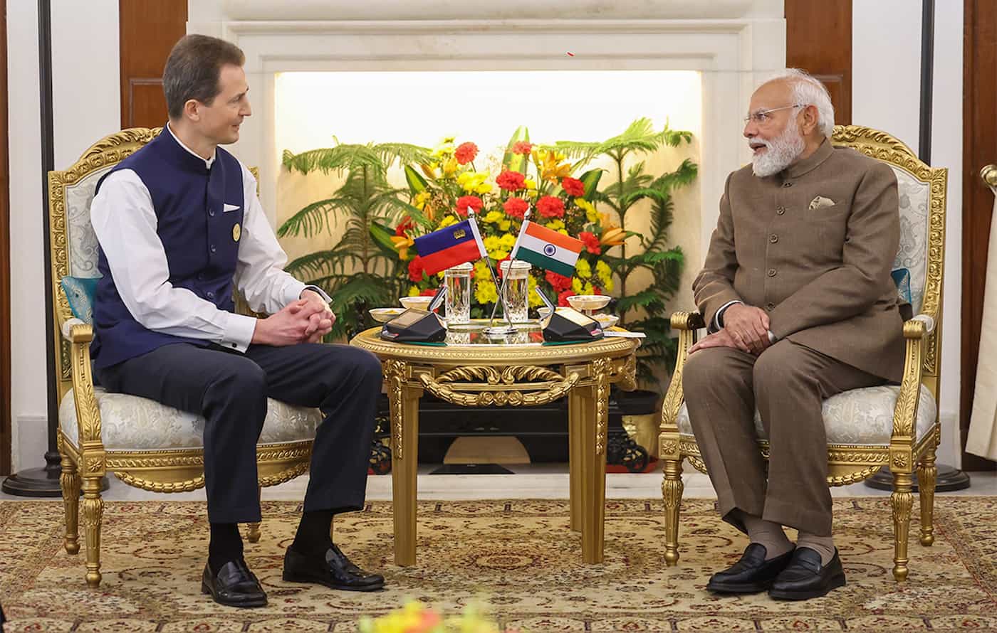 S.D. Erbprinz Alois beim bilateralen Austausch mit dem indischen Premierminister Narendra Modi (Quelle: Ministry of External Affairs, Government of India)