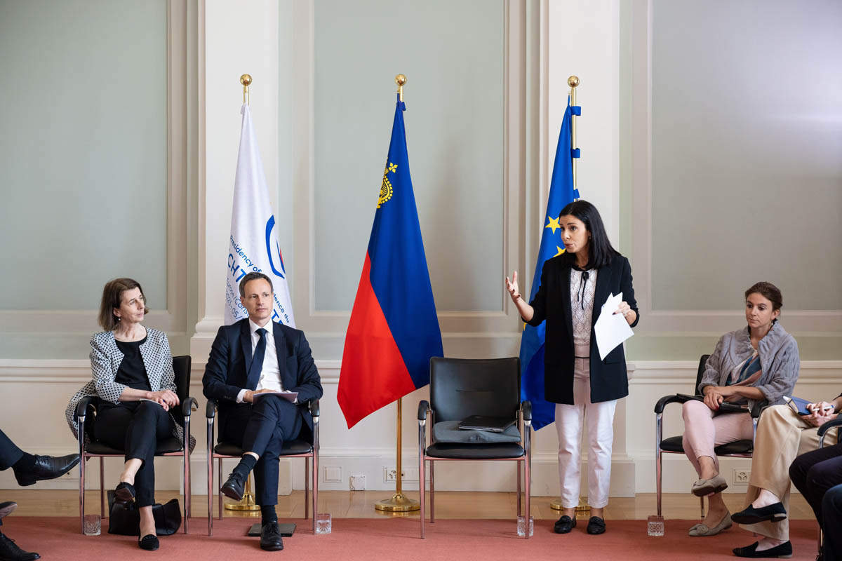 Im Anschluss empfing Aussenministerin Dominique Hasler die Botschafterinnen und Botschafter der EU-Staaten zu einem Dialog im Fürst Johannes Saal.